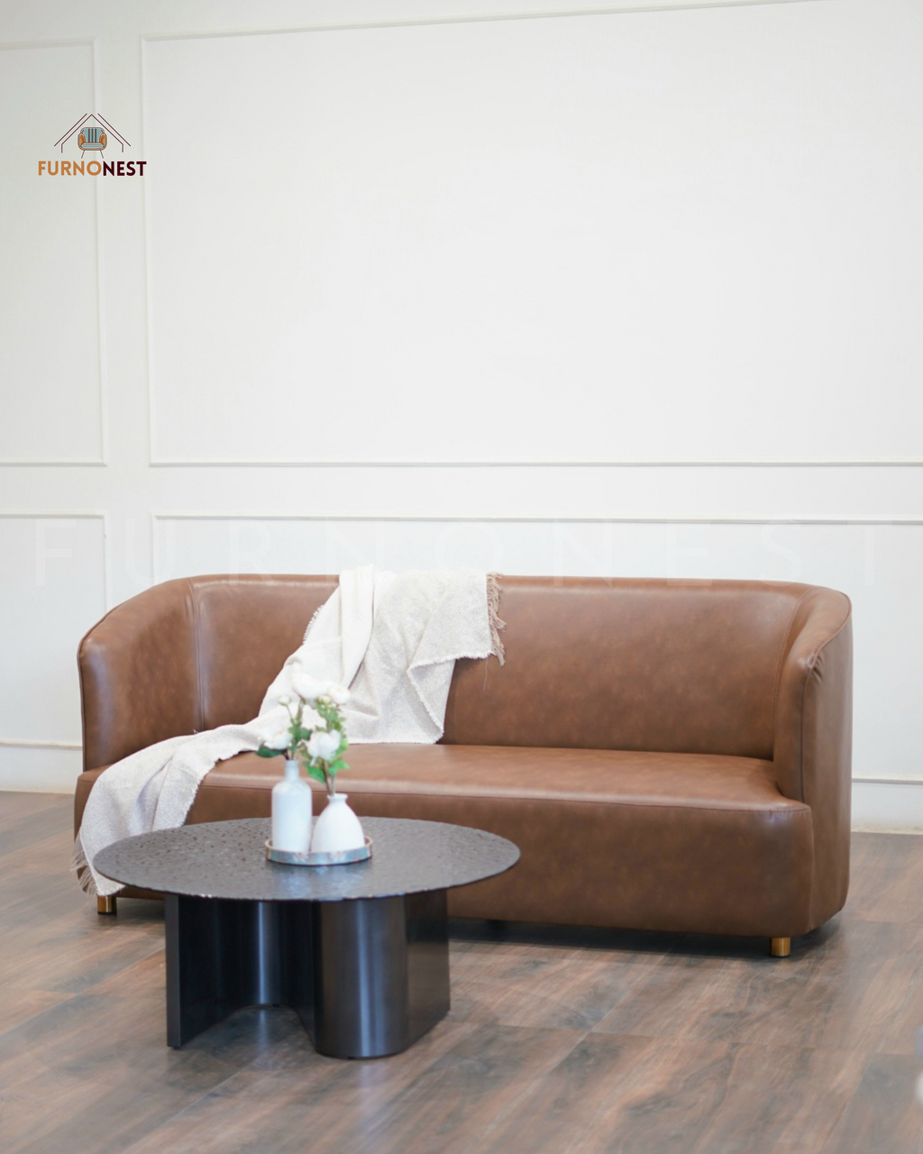 3-Seater Curved Back Sofa - Brown Leatherette