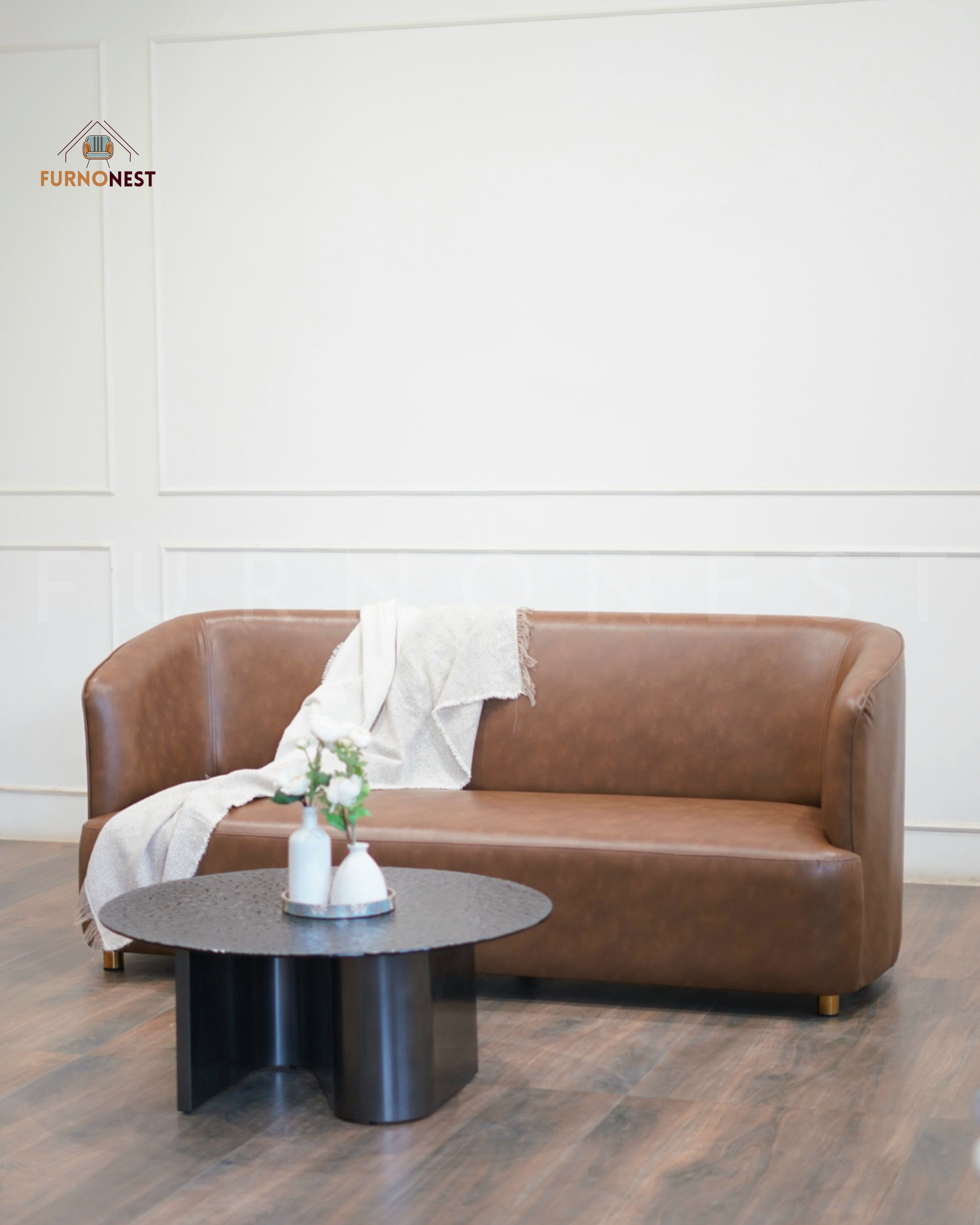 3-Seater Curved Back Sofa - Brown Leatherette
