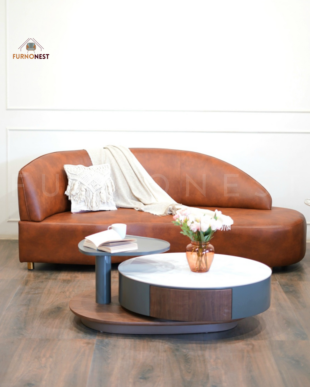 3-Seater Curved Sofa - Brown Leatherette