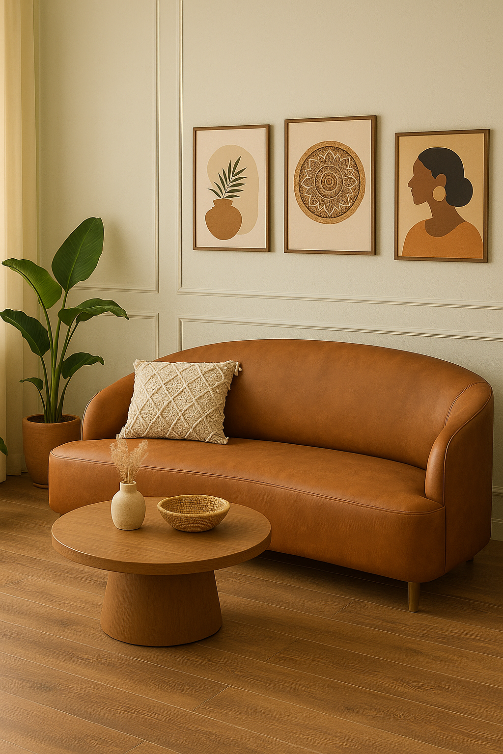 3-Seater Curved Sofa - Brown Leatherette