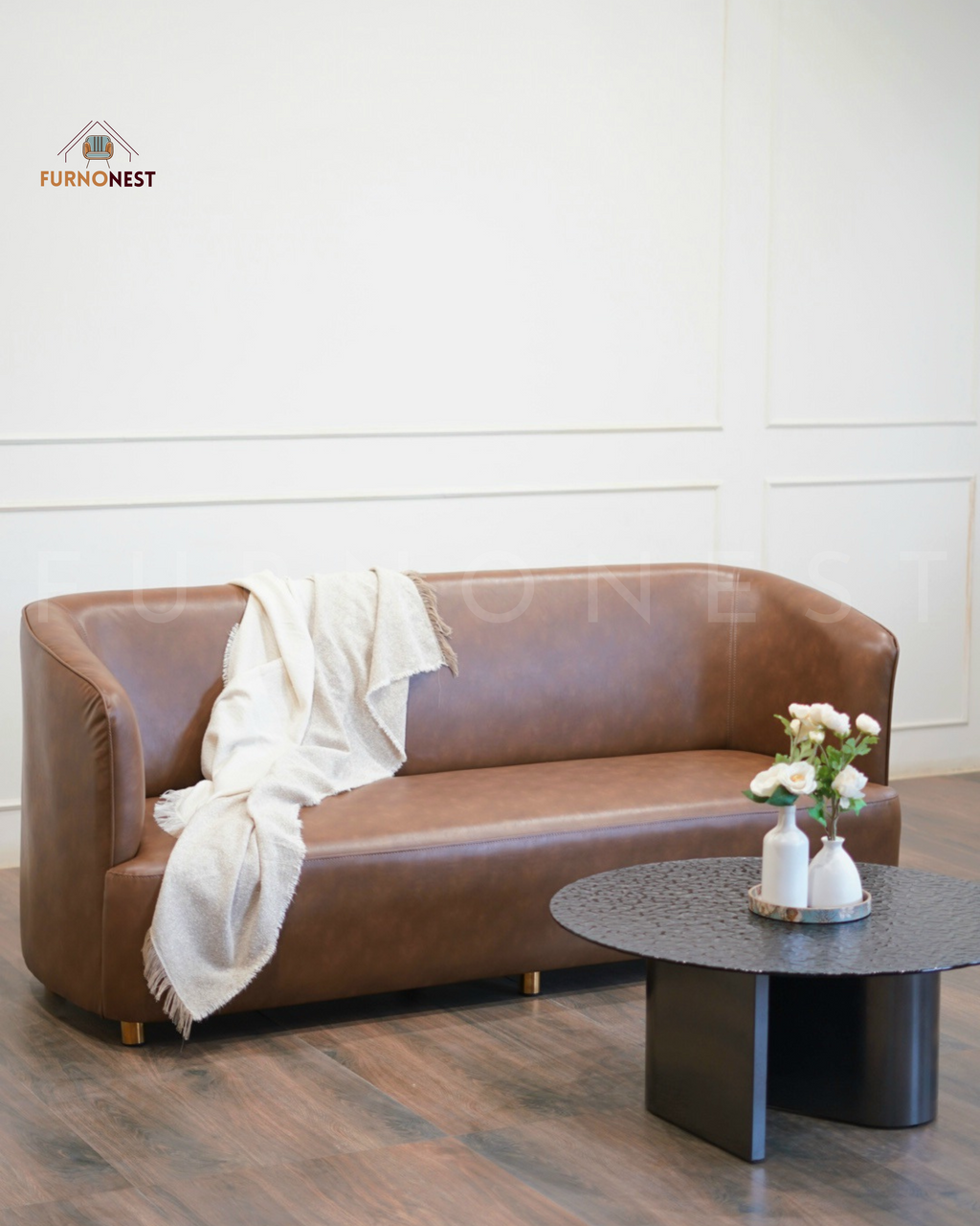 3-Seater Curved Back Sofa - Brown Leatherette